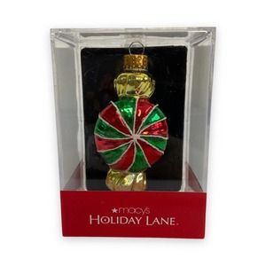 NIP Macys Holiday Lane Candy Christmas Ornament 3” Molded Glass Handmade Wrapped